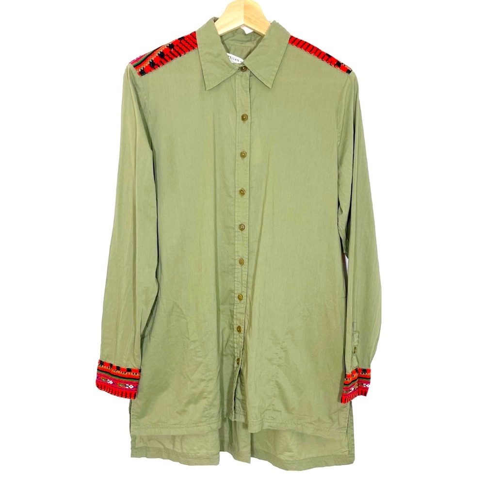 NWT Artisan de Luxe Tribal Embroidered Shirt Button Front Green Sz XS